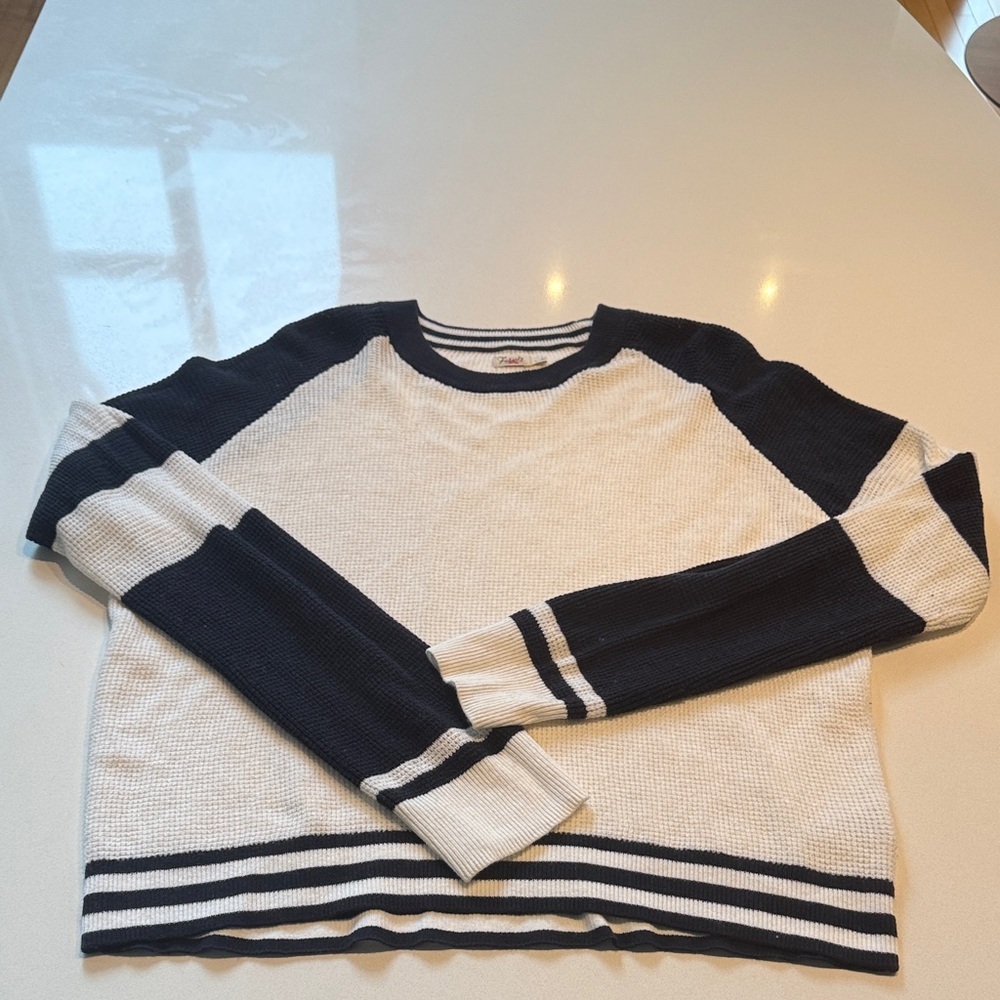 Faherty Throwback Waffle Crew Neck Sweater, Striped, Cotton Cashmere, Size L - Picture 7 of 11
